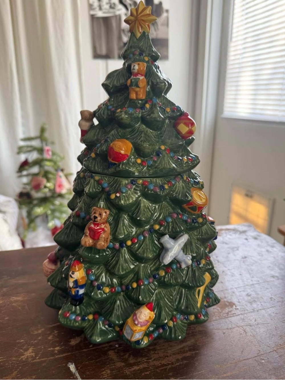 Vintage Christopher Radko Green Christmas Tree Cookie Jar with Toy Ornaments